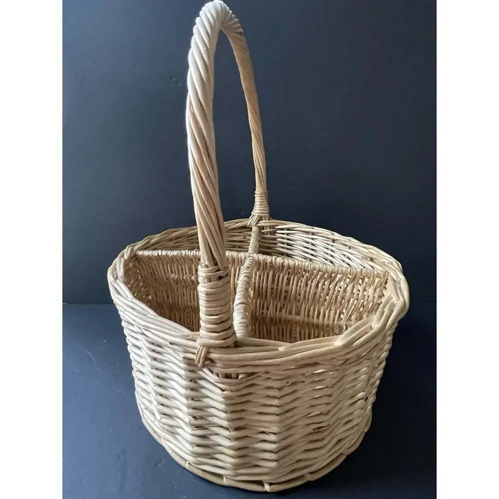 Vintage Wine Bottle Basket Sectioned Holder Wicker Straw Handle Picnic Cocktail